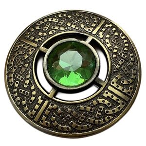 Men's Celtic Fly Plaid Kilt Brooch, Antique Vintage Style, Green Stone, Pewter
